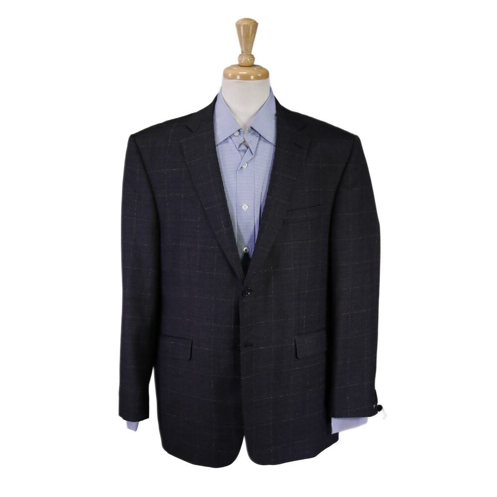 Mario Bellucci Gray Windowpane Super 160's Wool 2-Btn Blazer Jacket 46R